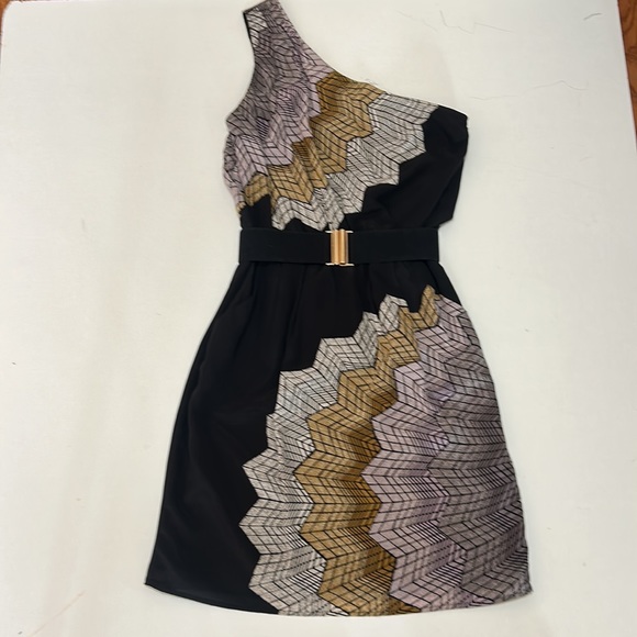 BCBG MAXAZRIA BLACK SPIDER WEB SUNBURST ONE SHOULDER BELTED SILK DRESS IN XS - Picture 6 of 9